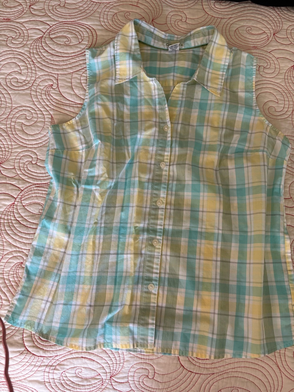 Cherokee Sleeveless Plaid Button-Front Top in Aqua and Yellow